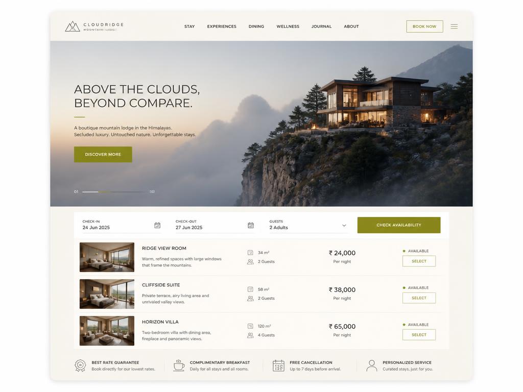 Mountain lodge · 26 keys — concept redesign after direct-booking rebuild