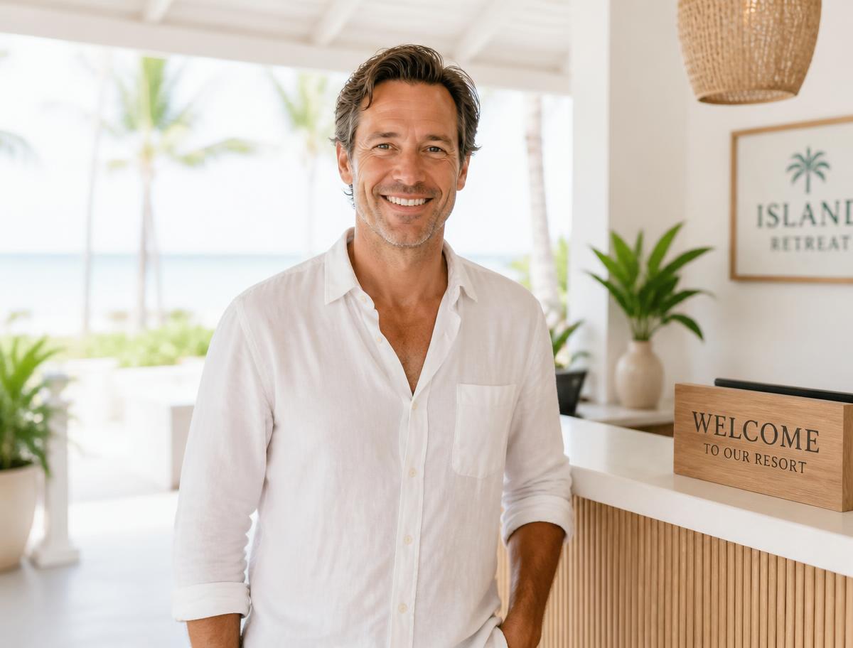 Resort owner smiling at a bright open-air reception