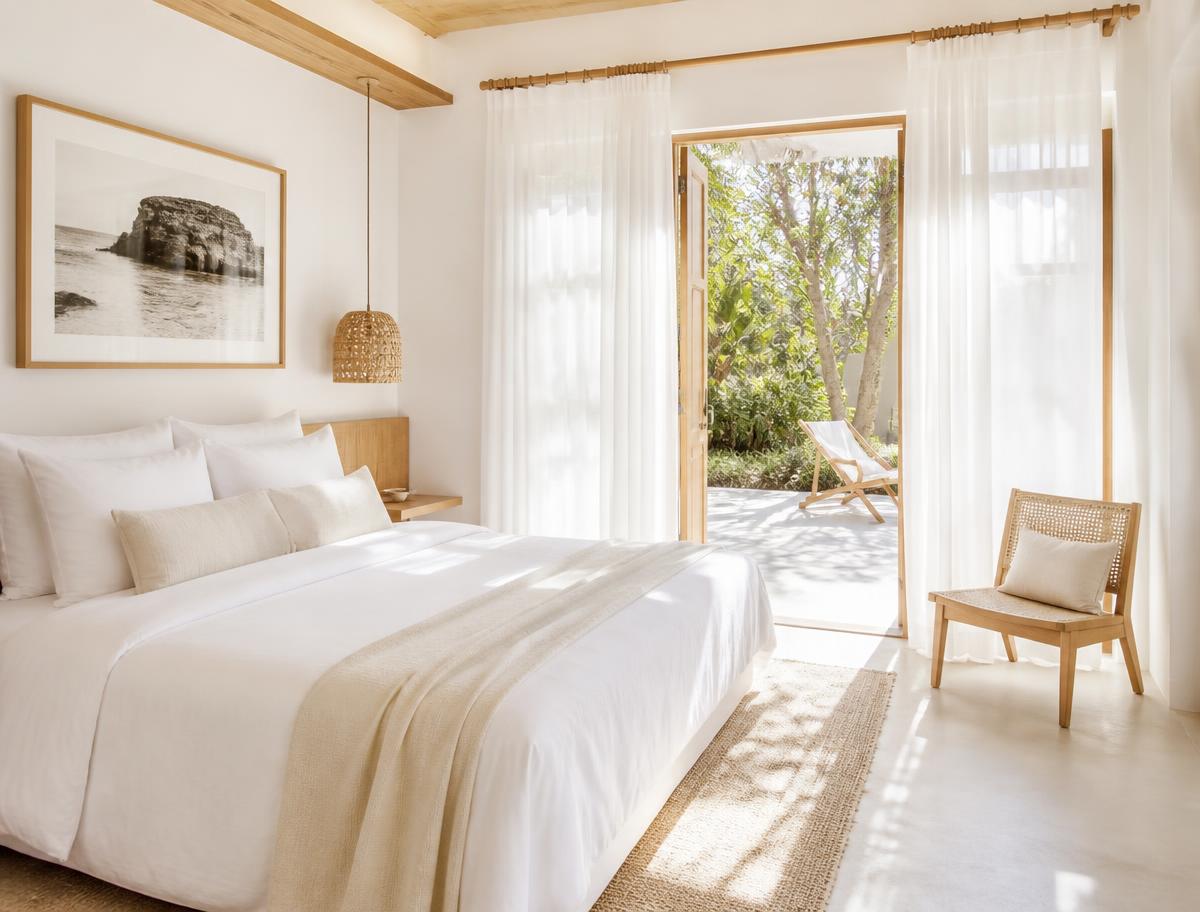 Bright resort villa suite with white linen and open garden doors